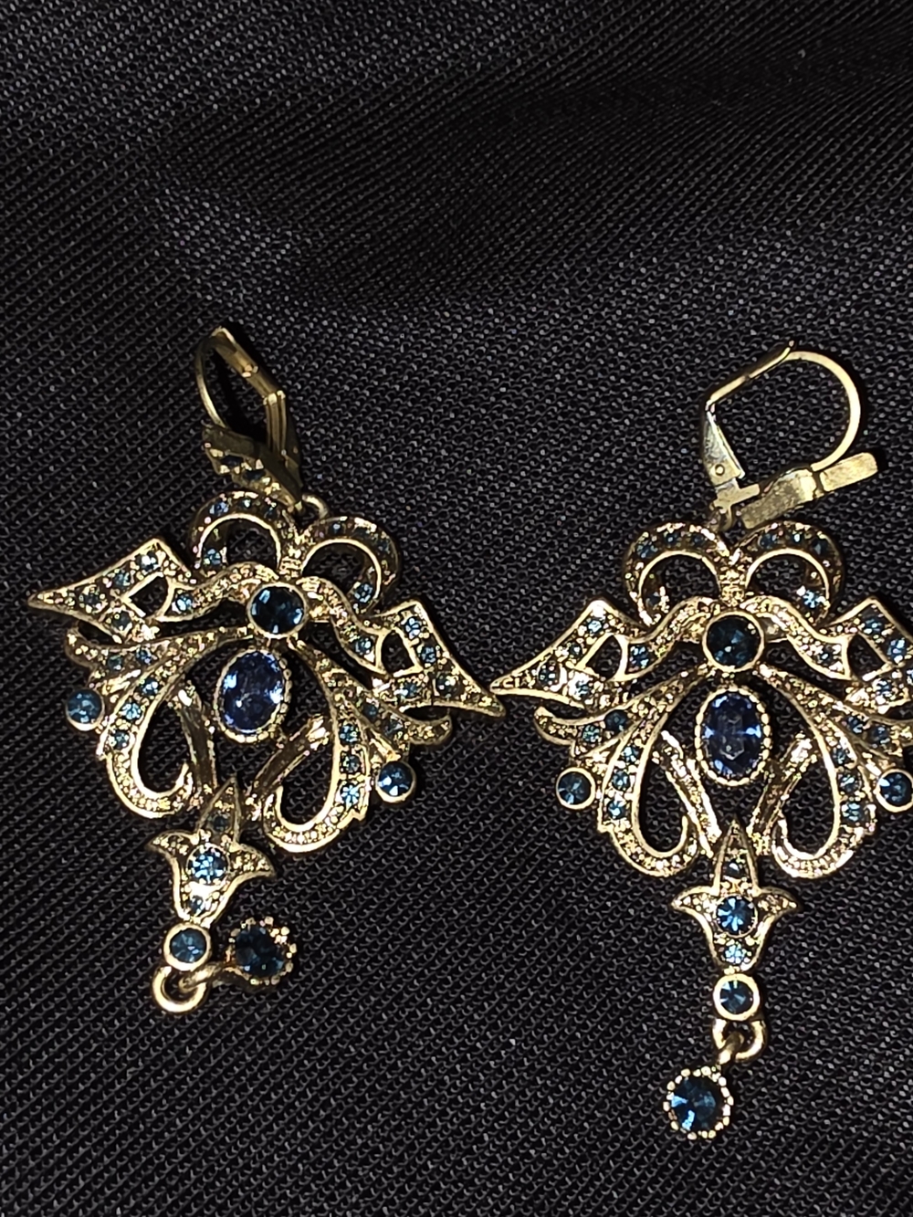 Gold Filigree Drop Earrings with Blue Crystals - Women Jewelry - Picture 2 of 4